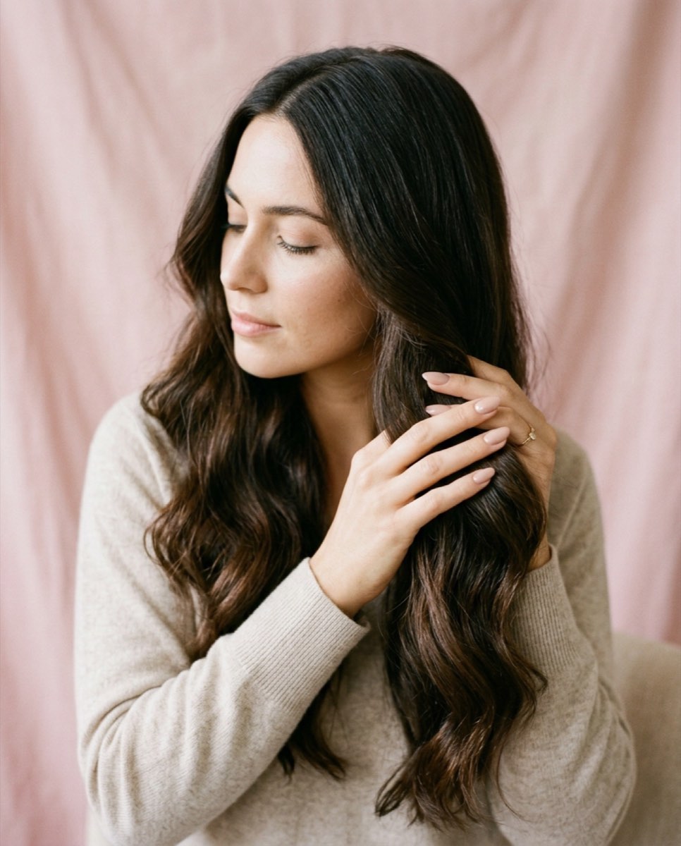 Long dark waved hair worn over one shoulder, hand drawn through the lengths against a pink backdrop