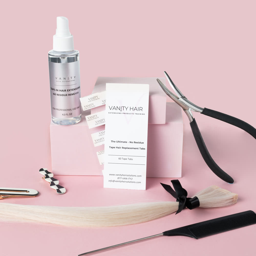Complete Tape Extension System kit: 4 oz no-residue remover, 60-tab card, application pliers, blonde weft and rattail comb