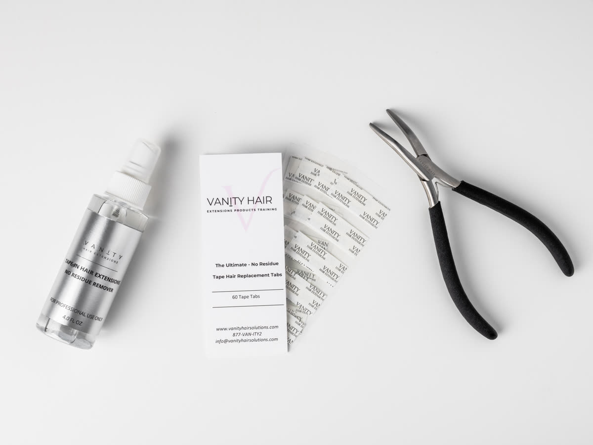 The tape extension kit in studio, no-residue remover, tape tab card and application pliers